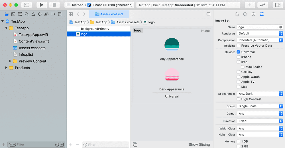 Xcode showing asset catalog